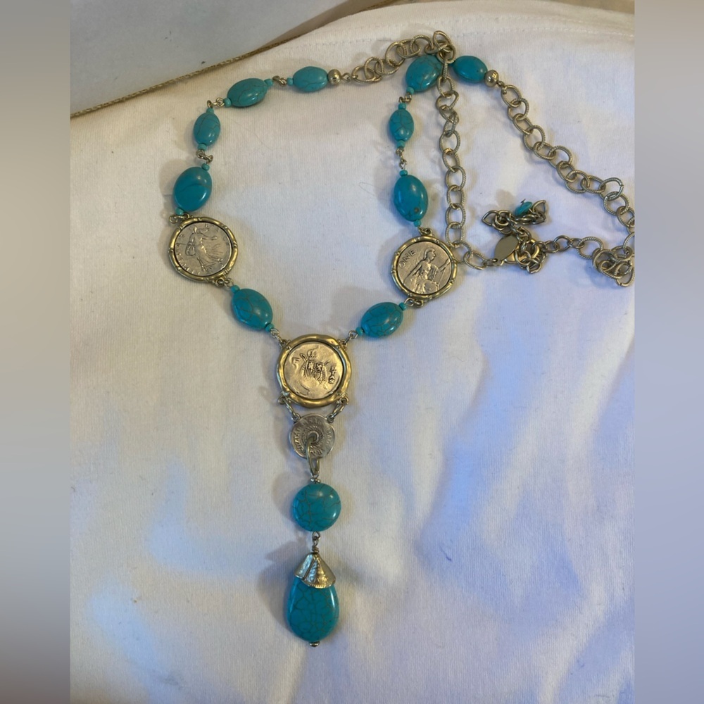 Chico’s Faux Turquoise Coin Crest Y Design Boho Necklace